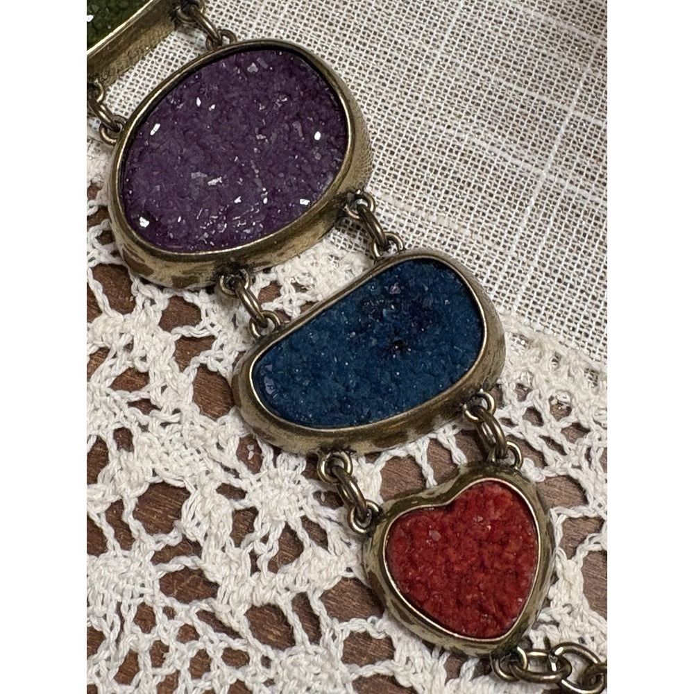 Vintage Handmade 5 Color Geode & Brass Link‎ Chunky Bracelet Toggle Clasp BOHO